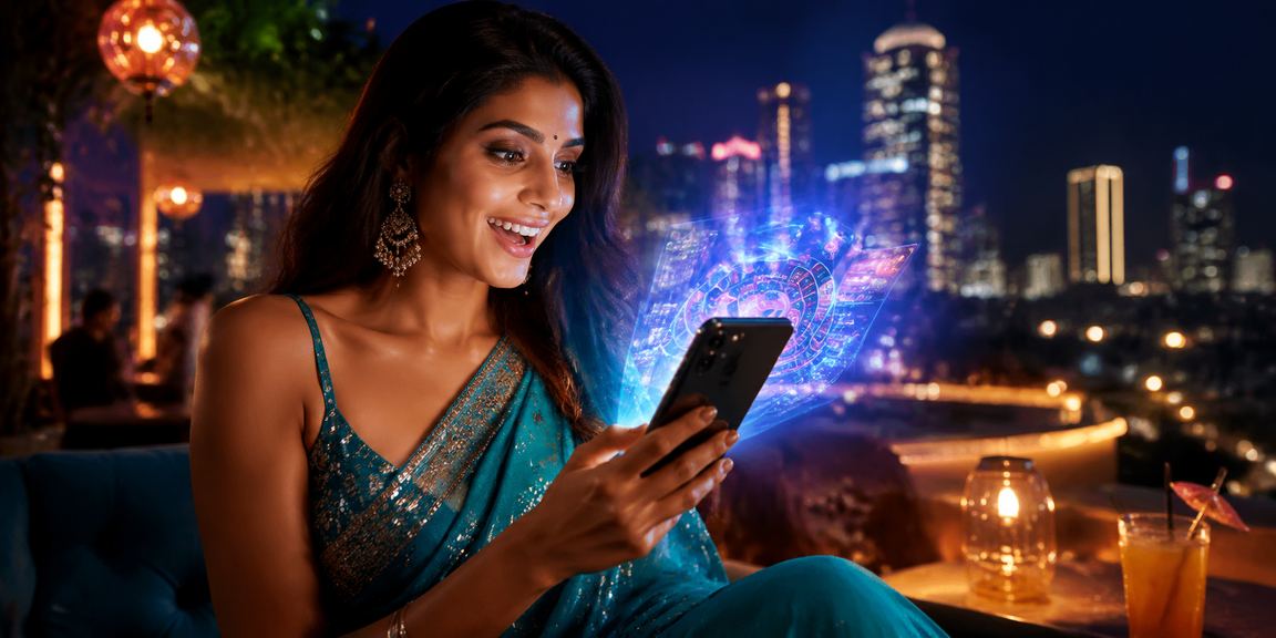 Young woman playing Teen Patti on mobile in Bangalore MG Road