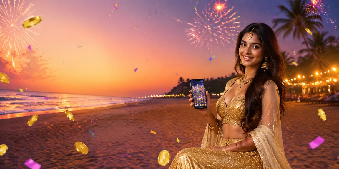 Group of friends playing Teen Patti and casino games on mobile at Goa beach