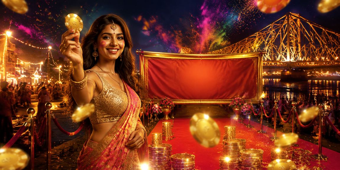 Festive Indian lottery players celebrating Holi and enjoying bonuses near Howrah Bridge Kolkata