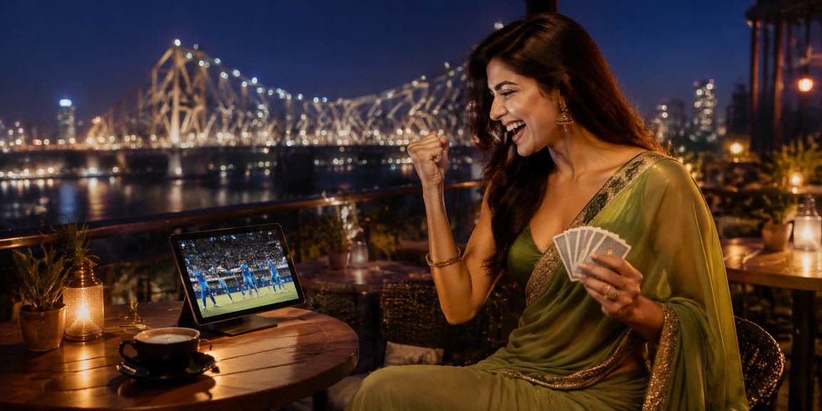 Colorful Kolkata night with Teen Patti players and festive attire